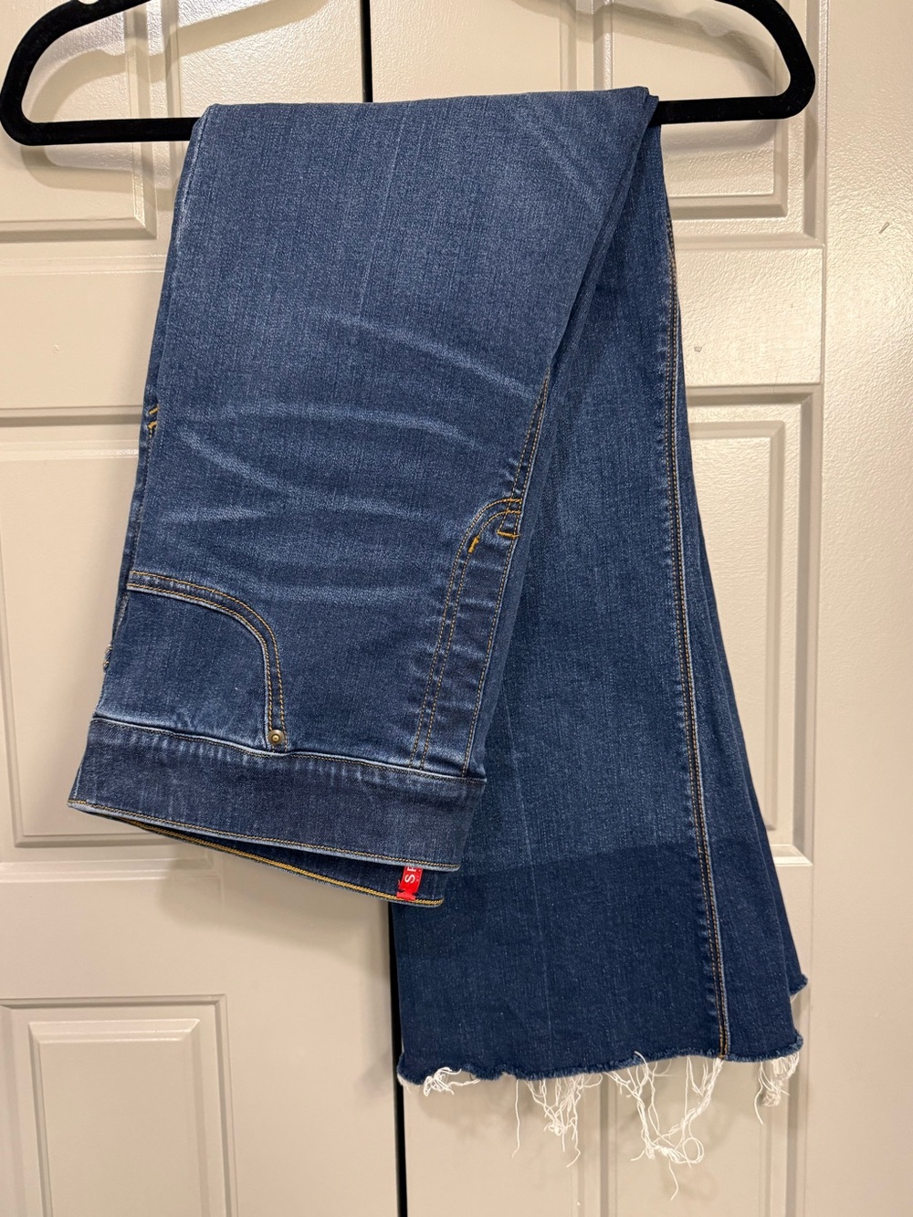 SPANX Women's Dark Blue Wide-Leg Jeans with Frayed Hem Dyed Cuff